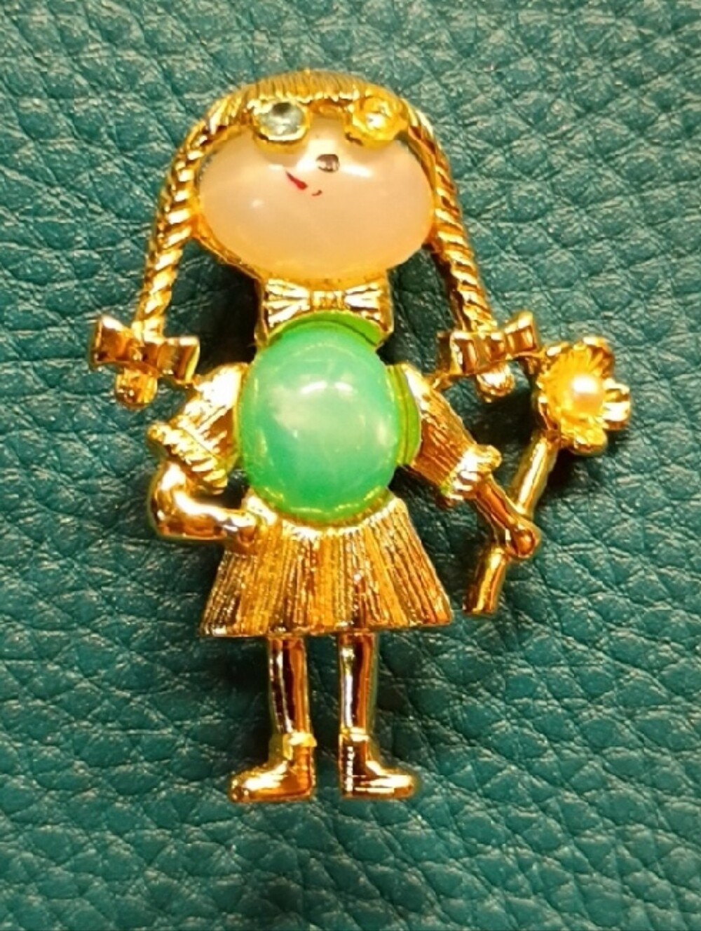 Gold-Tone Girl Doll Brooch with Green Accent - Kids Toys Dolls & Accessories